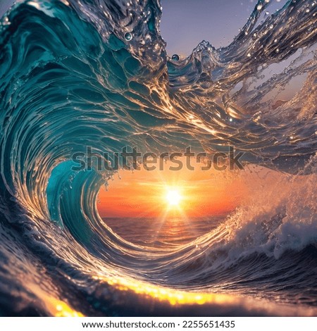 Beautiful sunset wave vibrant translucent color nice clear water splashes with foam and drops Royalty-Free Stock Photo #2255651435