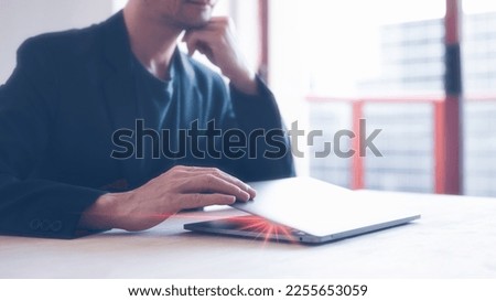 open close computer laptop job finished closing deal concept, businessman closing laptop on white wooden table 
