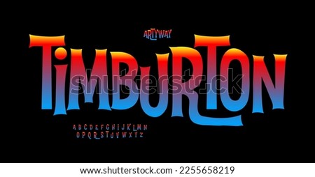 Quirky vivid alphabet, playful serif letters, funny entertaining font for bright eerie movie logo, tim burton style headline, Halloween mystery typography, game design. Vector typographic design