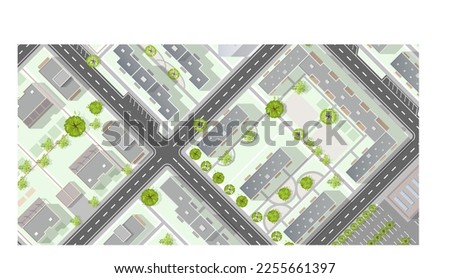 Top view of the city. Plan of town with crossroads, houses, roof, park. Cityscape aerial landscape from above. Background town map. Vector Landscape design plan. Highly detailed country map Royalty-Free Stock Photo #2255661397