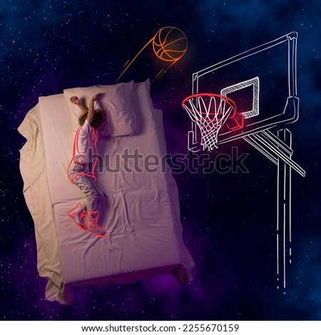 Creative design with line art on space background. Little child, kid sleeping and dreaming of being popular basketball player. Fantasy, childhood, artwork, creativity, imagination, relaxation concept