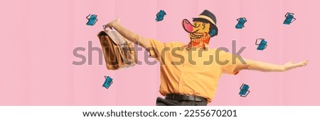 Contemporary artwork. Creative design. Winner. Man with happy doodle face holding briefcase and spreading hands in positivity. Lottery winning, money. Surrealism, creativity, magazine style, good luck
