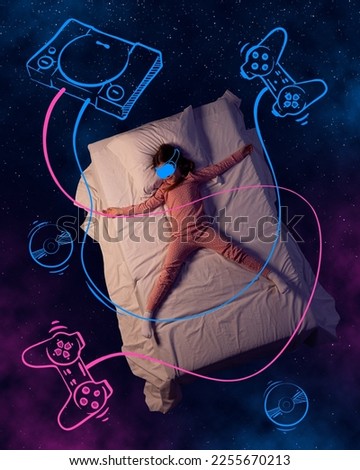 Creative design with line art over space background. Little girl sleeping and dreaming of playing and listening to music. Fantasy, childhood, artwork, creativity, imagination, relaxation concept