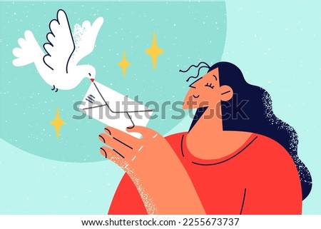 Smiling woman give envelope to dove. Happy girl send post letter by bird. Correspondence and mailing. Vector illustration.  Royalty-Free Stock Photo #2255673737