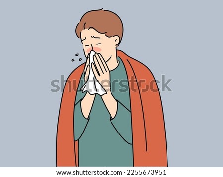 Sick young man in blanket blow runny nose suffer from cold or rhinitis. Unhealthy male struggle with flu or grippe. Healthcare and sick leave. Vector illustration.  Royalty-Free Stock Photo #2255673951