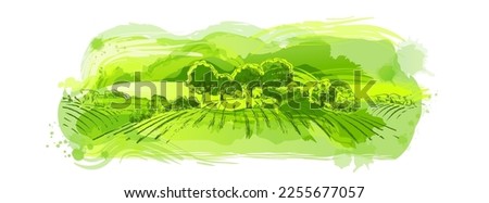 Watercolor green field landscape on small hill. Meadow grass, nature, pasturage, farm. Rural scenery landscape panorama of countryside pastures. Vector 
sketch hand draw illustration Royalty-Free Stock Photo #2255677057