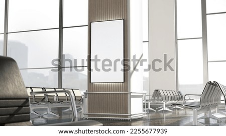 Blank white led light box in airport lounge mockup, 3d rendering. Empty display or banner for departure information mock up. Clear advertise signage or screen in gate terminal. 3D Illustration