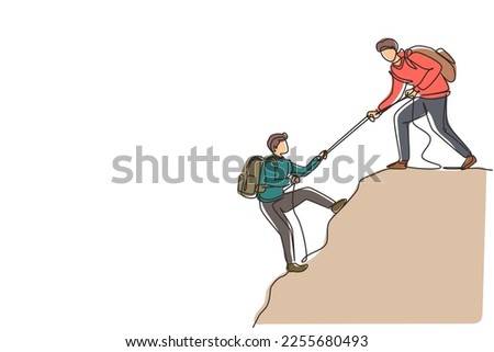 Single continuous line drawing two man hikers climbing up mountain and helping to each other with rope. Business, success, achievement and goal concept. One line draw design vector illustration