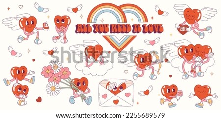 Groovy hippie love sticker set. Retro happy Valentines day. Comic happy heart character in trendy retro 60s 70s cartoon style. Retro characters and elements	
