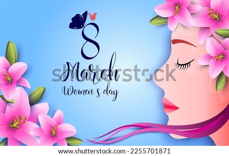 Beautiful female face. Floral vase woman. Flower bouquet. Happy Women's day. Happy Mother's Day. Venera, Venus female concept paper cut style. Bodypositive. 8 March. Pink. Blue. Very peri. Vector Royalty-Free Stock Photo #2255701871