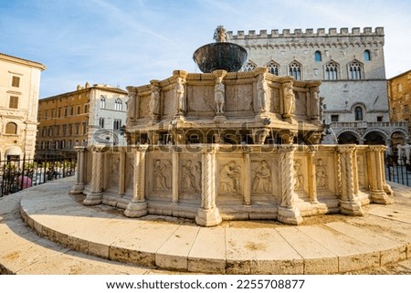 A suggestive and detailed view of the Fontana Maggiore (Mayor Fountain) in the historical and artistic heart of Perugia,capital of the Umbria region, in central Italy Royalty-Free Stock Photo #2255708877