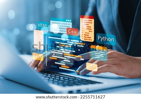 Software development concepts and programming for various devices, Software Engineer Computer programmer, coding process, chart, testing platform Data analytics, online safety. Royalty-Free Stock Photo #2255711627