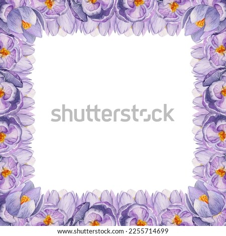 Watercolor hand drawn square frame with spring flowers, crocus, snowdrops, branches, leaves. Isolated on white background. Design for invitations, wedding, greeting cards, wallpaper, print, textile