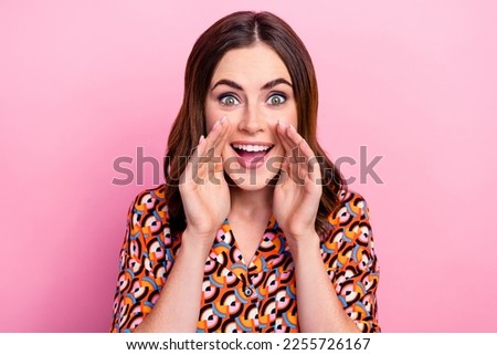 Photo portrait of lovely young lady palms cover mouth shout announce secret wear trendy print outfit isolated on pink color background Royalty-Free Stock Photo #2255726167