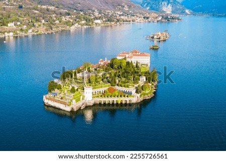 Isola Bella and Stresa town aerial panoramic view. Isola Bella is one of the Borromean Islands of Lago Maggiore in north Italy. Royalty-Free Stock Photo #2255726561