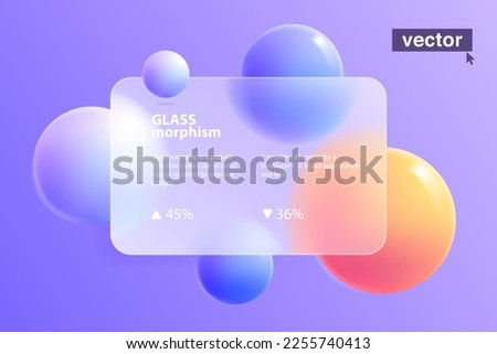 Glassmorphism card concept with colorful floating spheres. Frosted glass effect. Illustration on blurred gradient vector background. Suitable for technology or business corporate homepage. Royalty-Free Stock Photo #2255740413