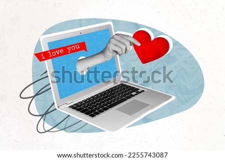 Photo sketch collage graphics artwork picture of arm modern gadget delivering 14 february greeting isolated drawing background