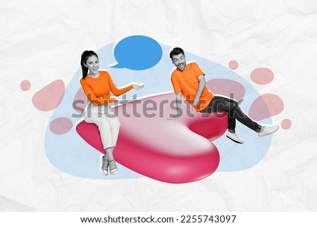 Creative 3d photo collage artwork graphics painting of charming pretty couple sitting 14 february heart isolated drawing background