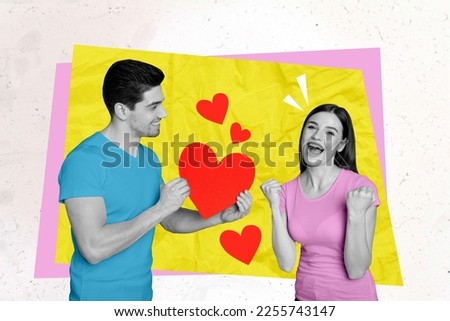 Artwork magazine collage picture of happy charming couple celebrating 14 february getting greetings isolated drawing background