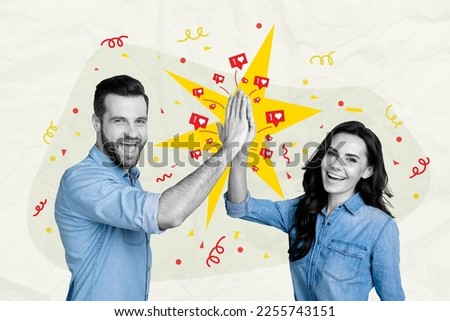 Photo collage image poster postcard of happy joyful people team celebrate success achievement isolated on painted background