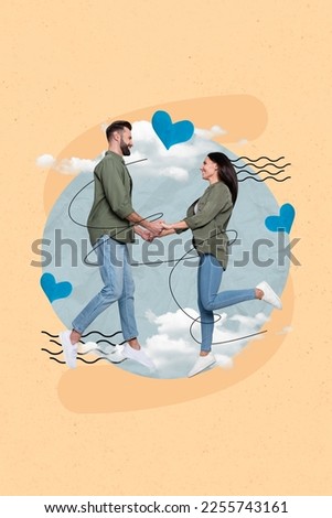 Romantic photo picture collage poster postcard of two happy people hands hold touch rejoice marriage isolated on painted background