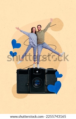 Creative picture poster postcard sketch of happy positive people wife husband make photo isolated on painted background