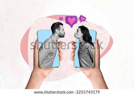 Creative photo collage poster postcard artwork sketch of two people telephone display enjoy romance isolated on drawing background