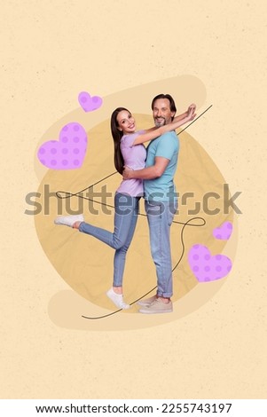 Creative photo picture collage poster postcard of cute couple have fen enjoy honeymoon isolated on painted background