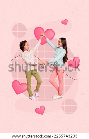 Vertical creative photo greeting picture poster postcard of two positive little people have fun isolated on drawing background