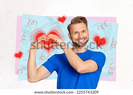 Photo sketch collage graphics artwork picture of charming smiling guy enjoying 14 february isolated drawing background