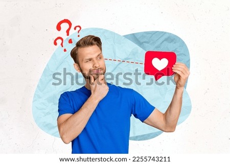 Artwork magazine collage picture of funny unsure guy holding 14 february greeting isolated drawing background