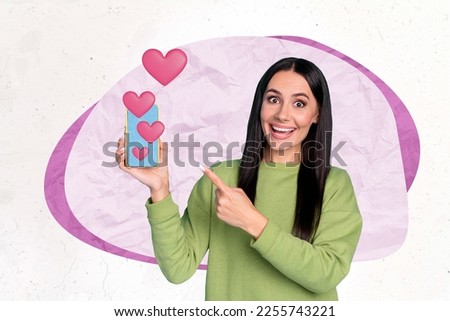 3d retro creative collage artwork template of smiling funny lady pointing modern device 14 february isolated painting background