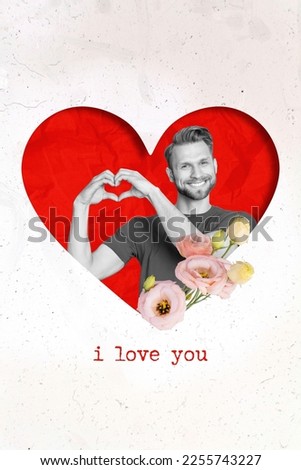 Photo collage artwork minimal picture of cute charming guy showing arms heart isolated drawing background