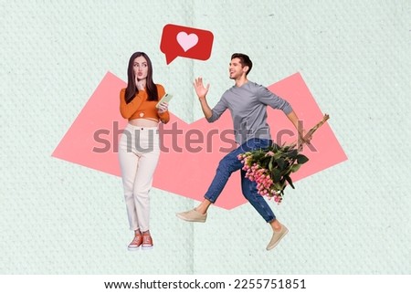 Creative collage photo poster banner postcard of cute beautiful lady choose boy social media app isolated on painted background