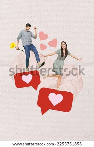 Creative picture photo collage poster postcard of happy people bloggers family walking romantic date isolated on drawing background