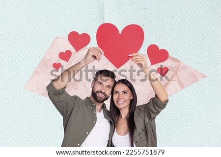 Family portrait picture photo collage poster postcard of beautiful couple hold red paper symbol figure isolated on drawing background