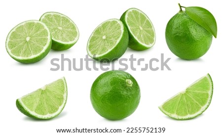 Lime collection. Lime with clipping path isolated on a white background. Fresh organic fruit. Full depth of field