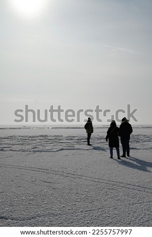 Silhouettes of three people against the background of a frozen lake, sky and sun (Kapchagai - Qonaev, Almaty region, Kazakhstan)