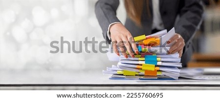 Business Documents, Auditor businesswoman checking searching document legal prepare paperwork or report for analysis TAX time, accountant Documents data contract partner deal in workplace office	