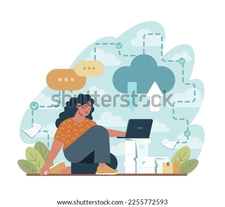 Cloud technology concept. Data information storage and exchange. Idea of modern digital technology and information management. Vector flat illustration