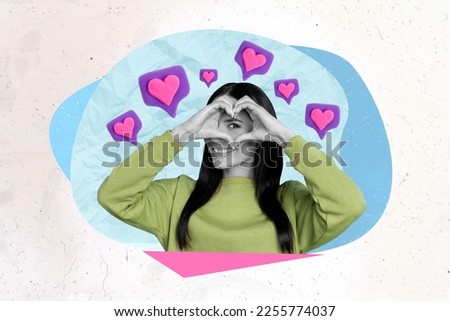 Photo creative picture 3d collage poster postcard of cheerful glad cute lady demonstrate heart isolated on drawing background