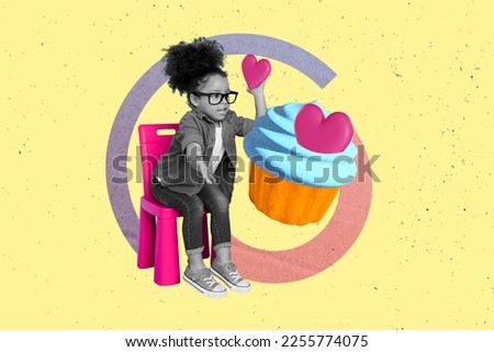 Collage 3d image of pinup pop retro sketch of smiling cute small kid cooking 14 february snacks isolated painting background