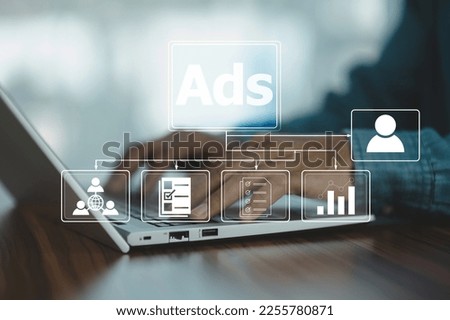 People using Ads for digital marketing concept, online advertisement, ad on website and social media for customer
