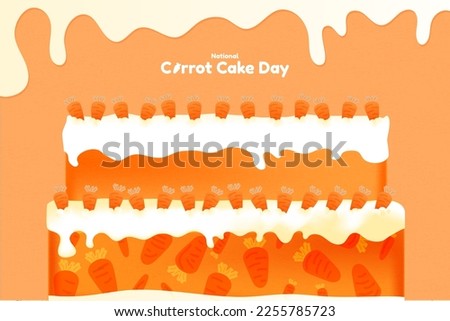 Cute National Carrot Cake Day Banner with two-layered carrot cake topped with icing and candy carrots on orange background. Vector Illustration. EPS 10