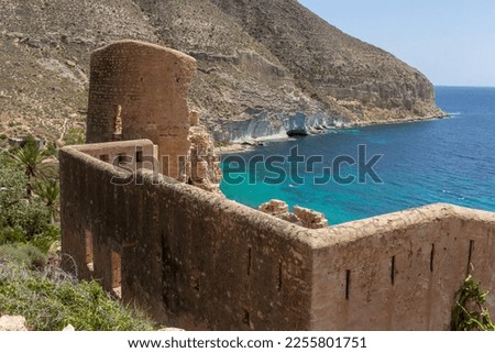 Different photos of a paradisiacal beach in the province of Almería (Spain), with contrasting colors and wide vision