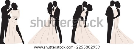 bride and groom with veil silhouette, set ,design isolated, vector