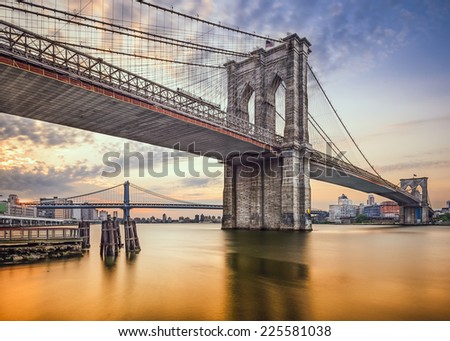Brooklyn Bridge in New York City, USA at dawn.