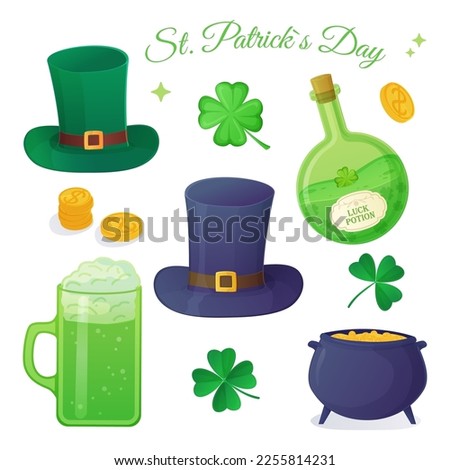 St. Patrick s Day green elements set. Luck potion, trefoil, chevron, pot with gold, coins, green beer, fortune concept. Stock vector illustration in realistic cartoon style isolated on white