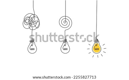 One continuous line drawing of tangled and scribble wires with light bulbs. Concept of complex problem solving process and psychoterapy in simple linear style. Editable stroke. Vector illustration Royalty-Free Stock Photo #2255827713