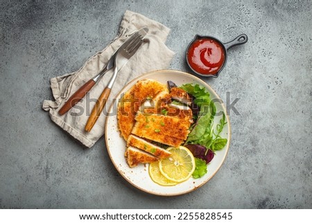 Crispy panko breaded fried chicken fillet with green salad and lemon cut on plate on gray rustic concrete background table with ketchup from above. Japanese style deep fried coated chicken breasts. Royalty-Free Stock Photo #2255828545